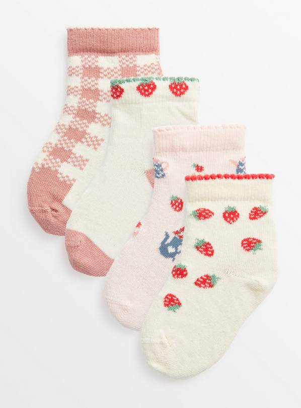 Pink Strawberry Tea Party Socks 4 Pack  6-12 months